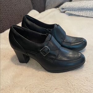 Clarks Black Women's Heeled Leather Loafers